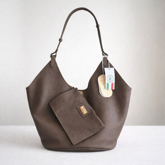 Viola Castellani Handbags - Viola Castellani Taupe Brown Leather Tote Hobo Unique Handbag W Oval Bottom